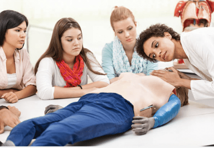 Students practicing first aid techniques in the HLTAID011 Provide First Aid course at NSTA Sydney in Sydney